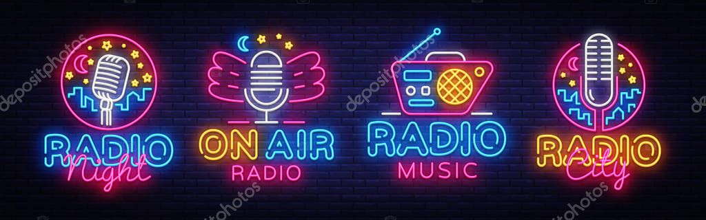 Radio Neon Sign collection Vector. Radio Night neon logos, design template, modern trend design, Radio neon signboard, night bright advertising, light banner, light art. Vector illustration.