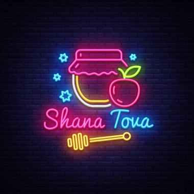Rosh Hashanah Yahudi tatil neon afiş tasarım şablonu. Mutlu Yahudi yeni yılı. Shana tova tebrik kartı, neon tabela, modern trend tasarım, ışık afiş. Vektör çizim