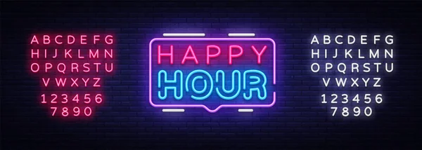 Happy Hour Leuchtreklame Vektor Design-Vorlage. Happy Hour Neon-Logo, Lichtbanner Design-Element bunte moderne Design-Trend, Nacht helle Werbung, helle Zeichen. Vektor. Bearbeiten von Text Leuchtreklame — Stockvektor