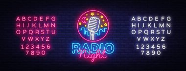 Radyo gece Neon Logo vektör. Radyo gece neon tabela, tasarım şablonu, modern trend tasarım, radyo neon tabela, gece parlak reklam, ışık afiş, ışık sanat. Vektör. Metin neon işareti düzenleme