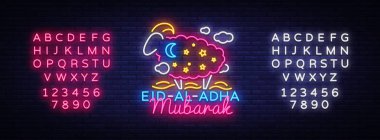 Eid Al Kurban Bayramı mübarek vektör çizim Müslüman topluluk Festivali kutlamaları için. Neon tarzı, Kurban Bayramı. ram, trendy modern grafik tasarım bir kurban. Metin neon işareti düzenleme