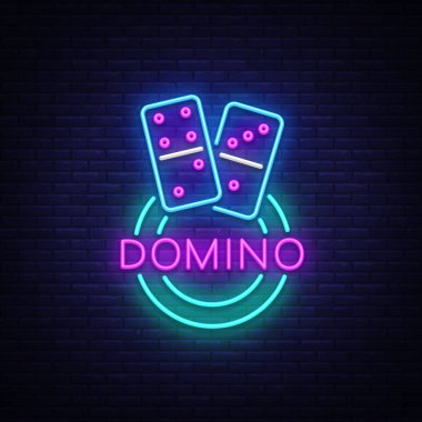 Domino Neon Logo vektör. Domino neon tabela, tasarım şablonu, modern trend tasarım, gece neon tabela, gece parlak reklam, ışık afiş, ışık sanat. Vektör çizim