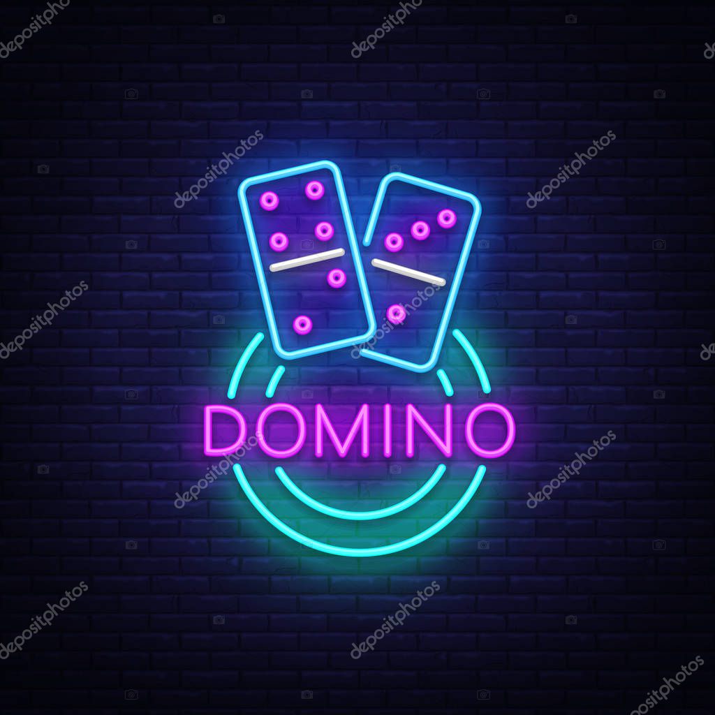 Domino Neon Logo Vector. Domino neon sign, design template, modern trend design, night neon signboard, night bright advertising, light banner, light art. Vector illustration.