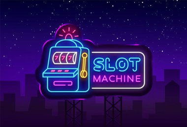 Slot makinesidir neon işareti vektör. Casino tasarım şablonu neon tabela, Slot makinesidir ışık afiş, neon tabela, modern trend tasarım, her gece parlak reklam, ışık yazıt. Vektör. Billboard