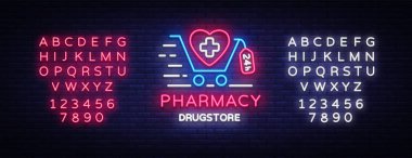 Eczane neon tabela vektör. Tıbbi neon parlayan sembol, ışık afiş, neon simgesini, tasarım öğesi. Vektör çizim. Metin neon işareti düzenleme