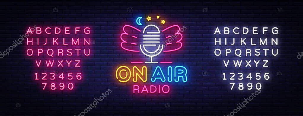 On Air Radio Neon Logo Vector. Radio neon sign, design template, modern trend design, night neon signboard, night bright advertising, light banner. Vector illustration. Editing text neon sign.