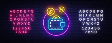 M-cüzdan Neon Logo vektör. Sikke çanta neon tabela, tasarım şablonu, modern trend tasarım, casino neon tabela, parlak reklam gece, hafif afiş, hafif sanat. Vektör. Metin neon işareti düzenleme