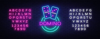 Domino Neon Logo vektör. Domino neon tabela, tasarım şablonu, modern trend tasarım, gece neon tabela, gece parlak reklam, ışık afiş, ışık sanat. Vektör çizim. Metin neon işareti düzenleme