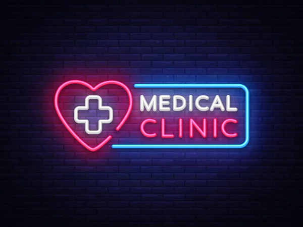 Medical Clinic vector de letrero de neón. Médico símbolo de neón resplandeciente, bandera de luz, icono de neón, elemento de diseño. Ilustración vectorial — Archivo Imágenes Vectoriales