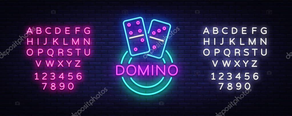 Domino Neon Logo Vector. Domino neon sign, design template, modern trend design, night neon signboard, night bright advertising, light banner, light art. Vector illustration. Editing text neon sign.