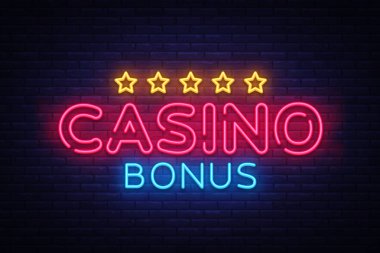 Casino Bonus Neon metin vektör. Bonus neon tabela, tasarım şablonu, modern trend tasarım, casino neon tabela, gece parlak reklam, ışık afiş, ışık sanat. Vektör çizim