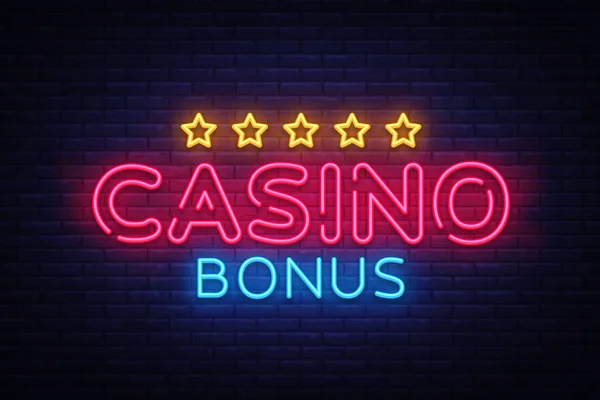 Casino Bonus Neon metin vektör. Bonus neon tabela, tasarım şablonu, modern trend tasarım, casino neon tabela, gece parlak reklam, ışık afiş, ışık sanat. Vektör çizim