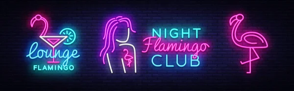 Flamingo Neon coleção Logo Vector. Flamingo noite clube neon sinal conceito, modelo de design, design de tendência moderna, sinalização de néon noite, publicidade brilhante noite, banner luz, arte leve. Vetor —  Vetores de Stock