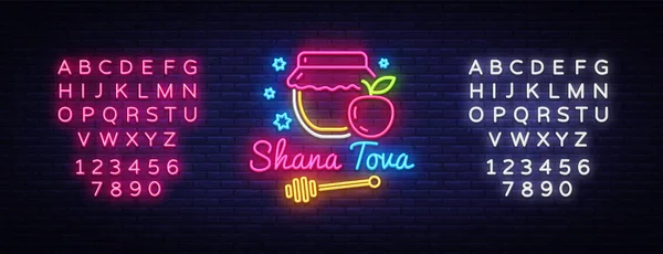 Rosh Hashanah jewish holiday neon banner design template. Happy Jewish New Year. Shana tova greeting card, neon sign, modern trend design, light banner. Vector. Editing text neon sign — Stock Vector