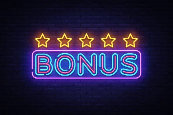 Bonus Neon metin vektör. Bonus neon tabela, tasarım şablonu, modern trend tasarım, gece neon tabela, gece parlak reklam, ışık afiş, ışık sanat. Vektör çizim