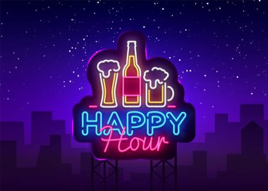 Happy Hour neon işareti vektör. Happy Hour tasarım şablonu neon işareti, gece yemeği, kutlama ışık afiş, neon tabela, parlak reklam, her gece ışık yazıt. Vektör reklam panoları