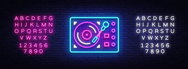 Gramofon neon tabela vektör. Retro müzik neon parlayan sembol, Retro tarzı 70-80-90'lı yılların ışık afiş, neon simgesini, tasarım öğesi. Vektör çizim. Metin neon işareti düzenleme — Stok Vektör