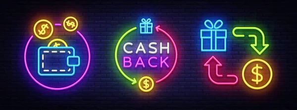 Cash Back Neon Symbols Collection Vector. Cash Back semn neon, șablon de design, design modern tendință, cazinou neon semn bord, noapte de publicitate luminos, banner lumina, arta lumina. Ilustrație vectorială — Vector de stoc