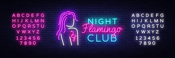 Gece kulübü Neon Logo vektör. Flamingo neon işareti kavramı, tasarım şablonu, modern trend tasarım, gece neon tabela, gece parlak reklam, ışık afiş, ışık sanat. Vektör. Metin neon işareti düzenleme — Stok Vektör