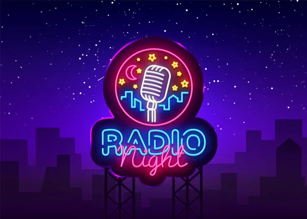 Radyo gece Neon Logo vektör. Radyo gece neon tabela, tasarım şablonu, modern trend tasarım, radyo neon tabela, gece parlak reklam, ışık afiş, ışık sanat. Vektör çizim. Billboard — Stok Vektör
