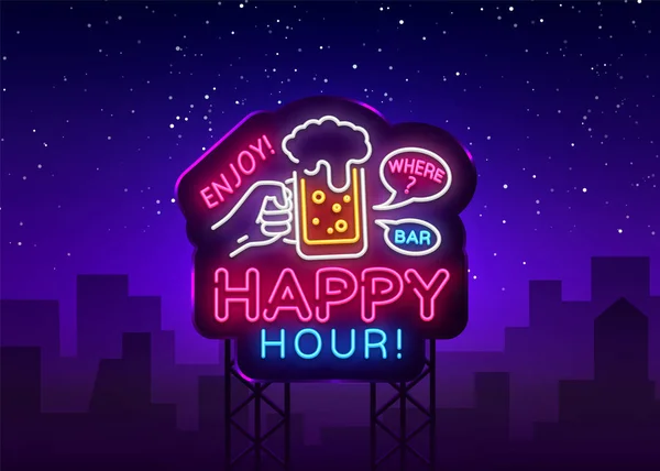 Sinal de neon Happy Hour vetor. Happy Hour Design modelo signo de néon, jantar noturno, banner de luz de celebração, placa de néon, publicidade noturna brilhante, inscrição de luz. Vector Billboards —  Vetores de Stock