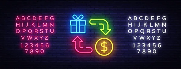 Bargeld zurück Neon Icon Vektor. Cash-Back-Leuchtreklame, Design-Vorlage, modernes Trenddesign, Casino-Leuchtreklame, nächtliche helle Werbung, Lichtbanner, Lichtkunst. Vektor. Bearbeiten von Text Leuchtreklame — Stockvektor