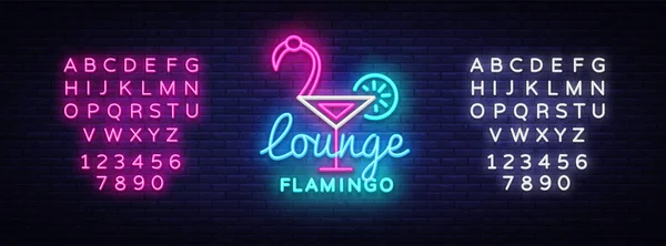 Cocktail lounge neon teken vector. Flamingo concept ontwerp sjabloon lichtreclame zomer licht banner, neon uithangbord, nachtelijke heldere reclame, lichte inscriptie. Vector. Bewerken tekst lichtreclame — Stockvector