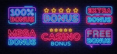 Bonus Neon metin koleksiyonu vektör. Bonus Casino neon tabela, tasarım şablonu, modern trend tasarım, gece neon tabela, gece parlak reklam, ışık afiş, ışık sanat. Vektör çizim