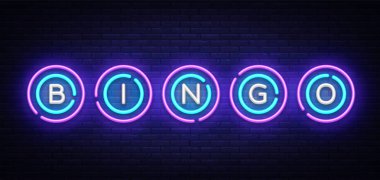 Bingo neon tabela tasarım şablonu vektör. Loto sembolleri neon logo, ışık afiş tasarım öğesi renkli modern tasarım trend, gece parlak reklam, parlak işareti. Vektör çizim