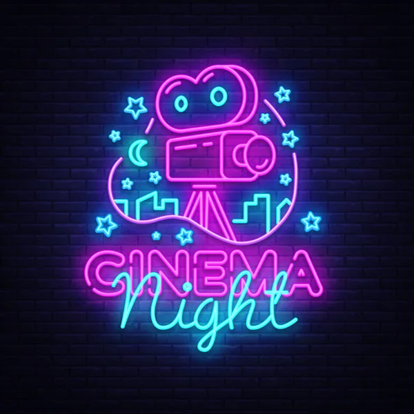 Cinema Night Neon Logo Vector. Muestra de neón de noche de película, plantilla de diseño, diseño de tendencia moderna, letrero de neón de noche, publicidad de luz nocturna, banner de luz, arte de la luz. Ilustración vectorial — Archivo Imágenes Vectoriales