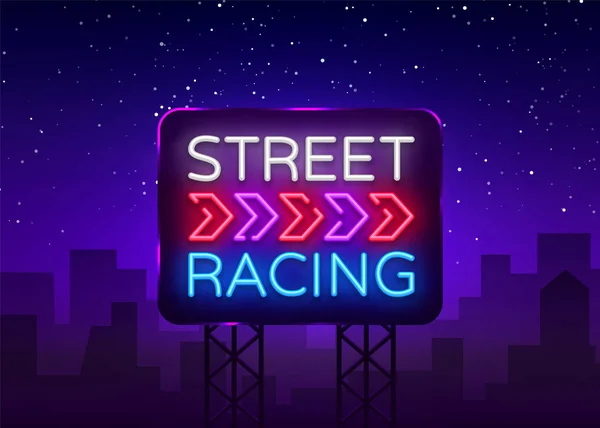 Street Racing Night Neon Logo Vector. Panneau au néon Racing, modèle de conception, design de tendance moderne, enseigne au néon sportive, publicité lumineuse de nuit, bannière lumineuse, art léger. Illustration vectorielle. Panneau publicitaire — Image vectorielle