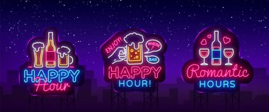 Happy Hour neon koleksiyonu vektör imzala. Happy Hour tasarım şablonu neon işareti, gece yemeği, kutlama ışık afiş, neon tabela, parlak reklam, her gece ışık yazıt. Vektör reklam panoları
