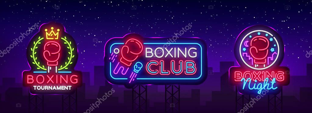 Collection Boxing neon signs. Design vector template. Boxing Tournament Night Logo, Bright Neon Signboard, Design Element for Sports, Fight Night Neon, Bright Night Advertising. Vector Billboards.
