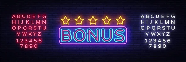 Bonus Neon tekst Vector. Bonus neon teken, ontwerpen sjabloon, moderne trend design, nacht neon uithangbord, nacht heldere reclame, lichte banner, licht van art. Vector. Bewerken tekst lichtreclame — Stockvector