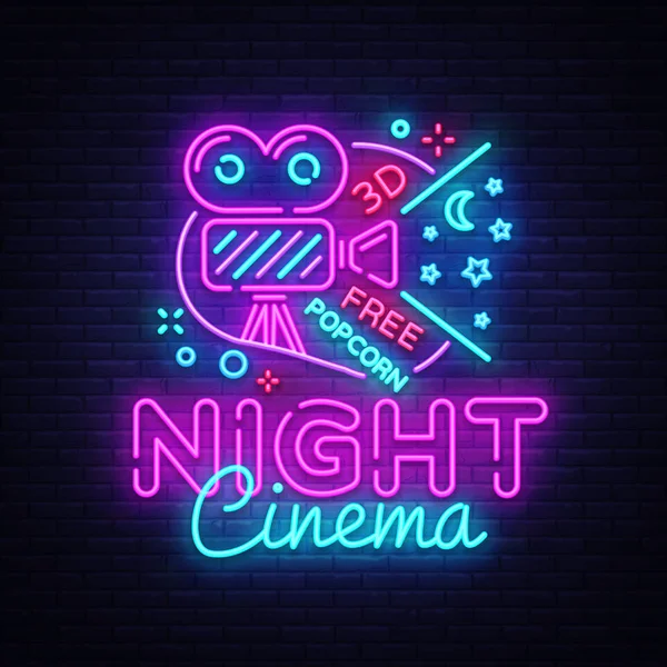 Cinema Night neon sign vector (em inglês). Movie Night Design modelo neon sign, banner de luz de cinema, placa de néon, publicidade noturna brilhante, inscrição de luz. Ilustração vetorial — Vetor de Stock