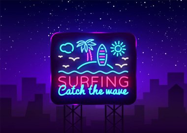 Sörf neon tabela tasarım şablonu. Sörf Catch dalga sloganı neon amblem, afiş ışık. Yaz kavramları tasarım. Smartphone elinde. Vektör Billboard