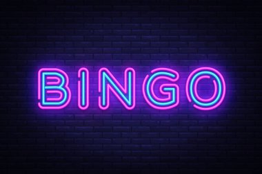 Bingo Neon metin vektörü. Loto neon levhası, tasarım şablonu, modern trend tasarımı, gece lambası tabelası, gece lambası reklamı, ışık panosu, ışık sanatı. Vektör illüstrasyonu