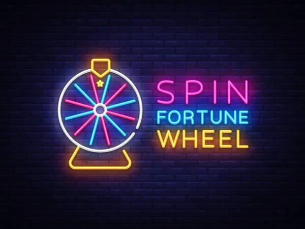 Fortune Wheel Neon Logo Vector. Signo de neón de rueda de la fortuna, plantilla de diseño, diseño de tendencia moderna, letrero de neón nocturno, publicidad brillante nocturna, banner de luz, arte ligero. Ilustración vectorial — Vector de stock