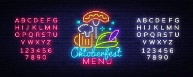 Oktoberfest festival vektör Poster Neon. Oktoberfest menü Neon tabela partiye davet için oyma illüstrasyon vektör. Tasarım şablonu, ışık afiş. Vektör. Metin neon işareti düzenleme