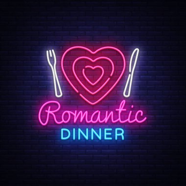Romantik bir akşam yemeği Neon Logo vektör. Romantik bir akşam yemeği neon tabela, tasarım şablonu, modern eğilim tasarım, gece neon tabela, reklam, gece lambası ışık afiş, hafif sanat. Vektör çizim