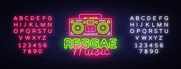 Reggae Music Neon Logo Vector. Concepto de signo de neón Reggae, plantilla de diseño, diseño de tendencia moderna, letrero de neón nocturno, publicidad brillante nocturna, banner de luz, arte de la luz. Vector. Edición de texto signo de neón — Vector de stock
