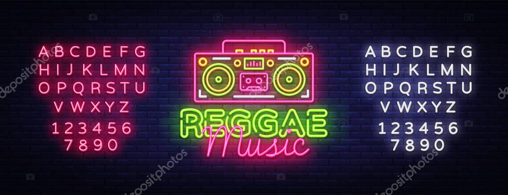 Reggae Music Neon Logo Vector. Reggae neon sign concept, design template, modern trend design, night neon signboard, night bright advertising, light banner, light art. Vector. Editing text neon sign.