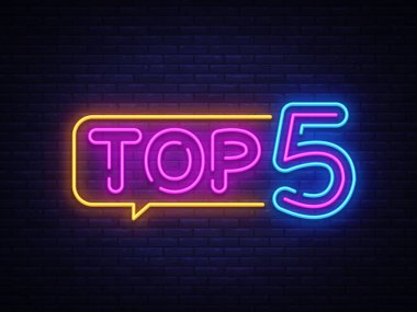 En iyi 5 Neon metin vektör. En çok beş neon tabela, tasarım şablonu, modern trend tasarım, gece neon tabela, gece parlak reklam, banner, hafif sanat ışık. Vektör çizim