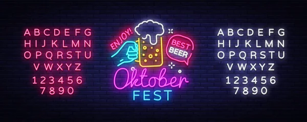 Oktoberfest Neon Logo Vector. Oktoberfest Beer Festival letrero de neón, plantilla de diseño, diseño de tendencia moderna, letrero de neón de noche, publicidad brillante noche, banner de luz. Vector. Edición de texto signo de neón — Archivo Imágenes Vectoriales