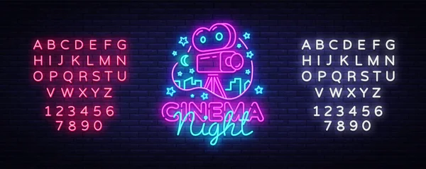 Cinema Night Neon Logo Vector. Movie Night neon sign, design template, modern trend design, night neon signboard, night light advertising, light banner, light art. Vector. Editing text neon sign — Stock Vector