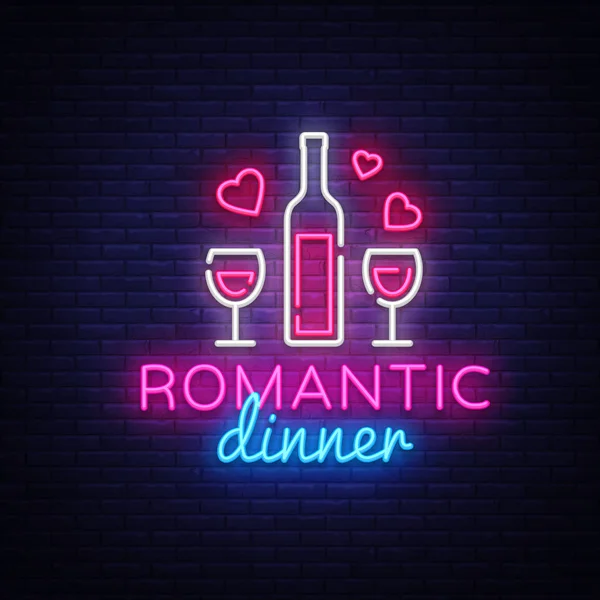Romantic Dinner Neon Logo Vector. Wine neon sign, design template, modern trend design, night neon signboard, night light advertising, light banner, light art. Vector illustration — Stock Vector