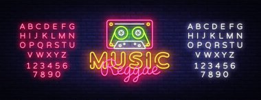 Reggae müzik neon işareti vektör. Reggae tasarım şablonu neon tabela, yaz ışık afiş, neon tabela, her gece parlak reklam, ışık yazıt. Vektör çizim. Metin neon işareti düzenleme