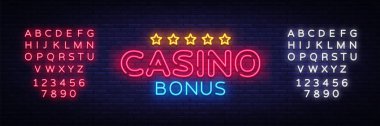 Casino Bonus Neon metin vektör. Bonus neon tabela, tasarım şablonu, modern trend tasarım, casino neon tabela, gece parlak reklam, ışık afiş, ışık sanat. Vektör. Metin neon işareti düzenleme
