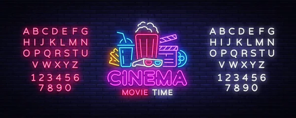 Film Time Neon Logo Vector. Cinéma Nuit néon signe, modèle de conception, design de tendance moderne, enseigne néon de nuit, publicité de lumière de nuit, bannière lumineuse, art de la lumière. Vecteur. Montage de texte néon signe — Image vectorielle