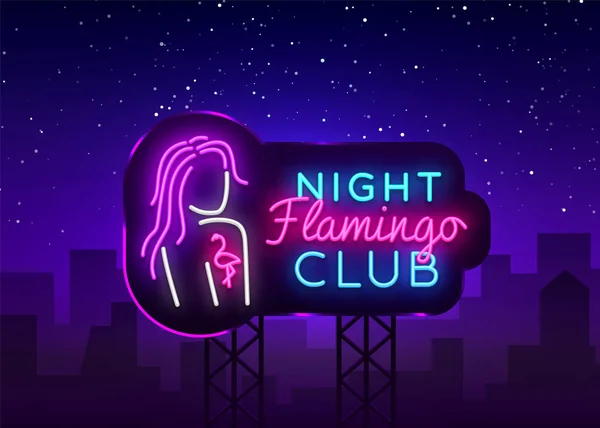 Night Club Neon Logo Vector. Flamingo neon sign concept, design template, design di tendenza moderno, cartello al neon notturno, pubblicità notturna luminosa, banner luminoso, light art. Billboard vettoriale — Vettoriale Stock